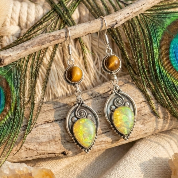 S925 Silver Tiger's Eye Triplet Opal Earrings 2.8" Handcrafted Boho Artisan Drop - Picture 13 of 16